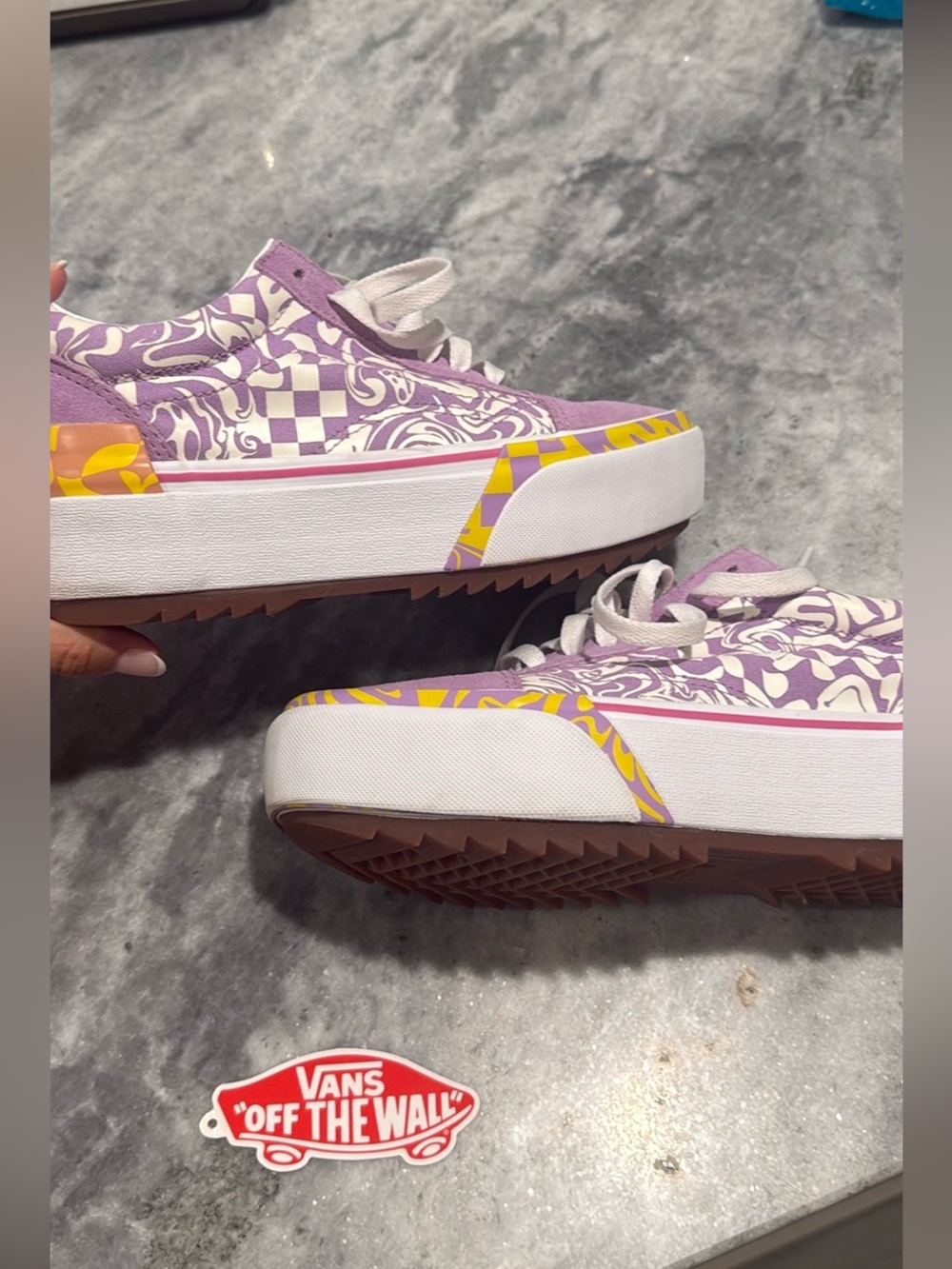 Sold purple patterned drip smiley face Platform Vans
Worn twic
